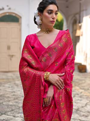 Pink soft pashmina silk meena zari woven saree with blouse 3