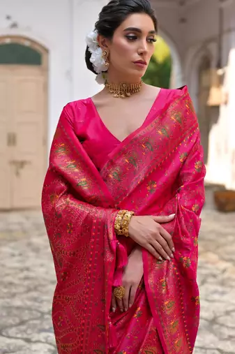 Pink soft pashmina silk meena zari woven saree with blouse
