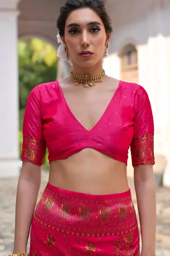 Pink soft pashmina silk meena zari woven saree with blouse
