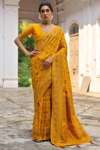 Yellow soft pashmina silk meena zari woven saree with blouse