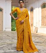 Yellow soft pashmina silk meena zari woven saree with blouse