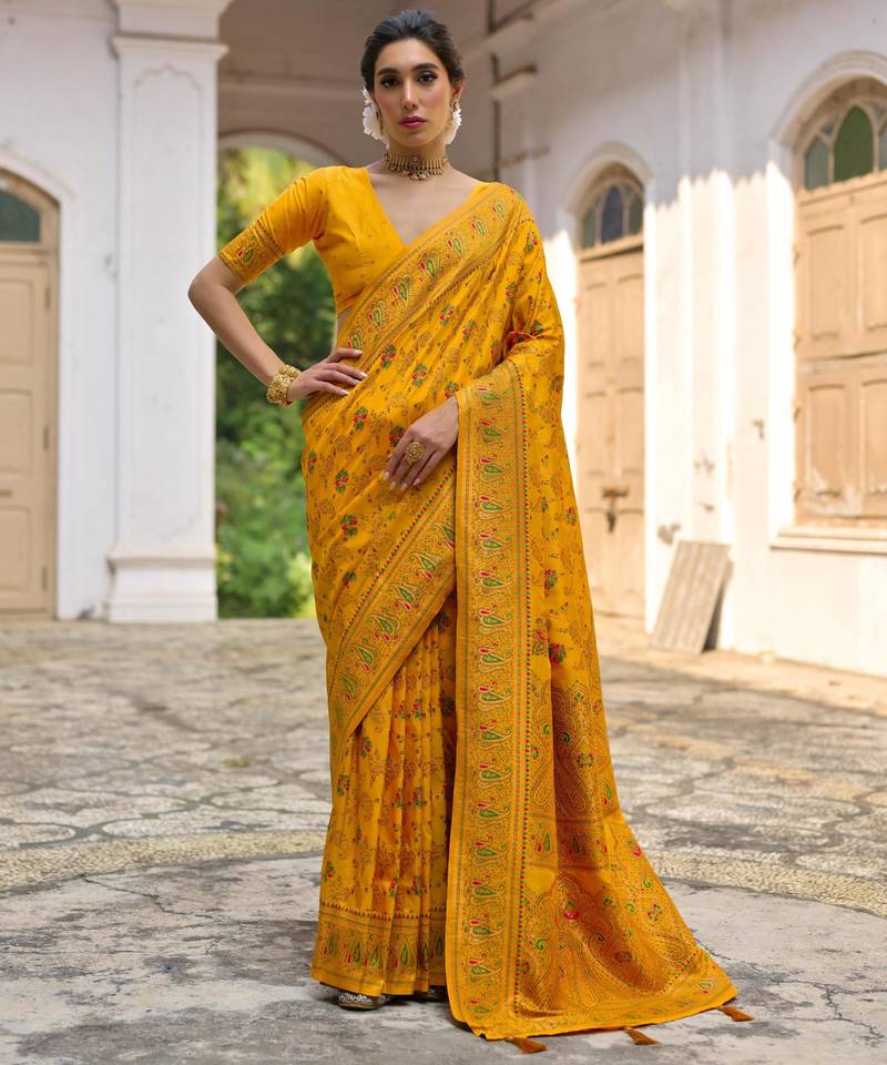 Yellow soft pashmina silk meena zari woven saree with blouse