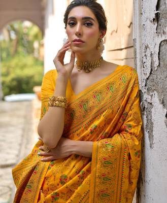 Yellow soft pashmina silk meena zari woven saree with blouse 3