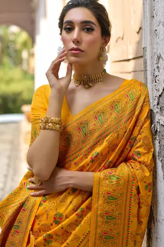 Yellow soft pashmina silk meena zari woven saree with blouse