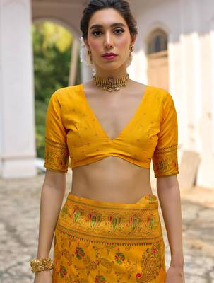 Yellow soft pashmina silk meena zari woven saree with blouse 4