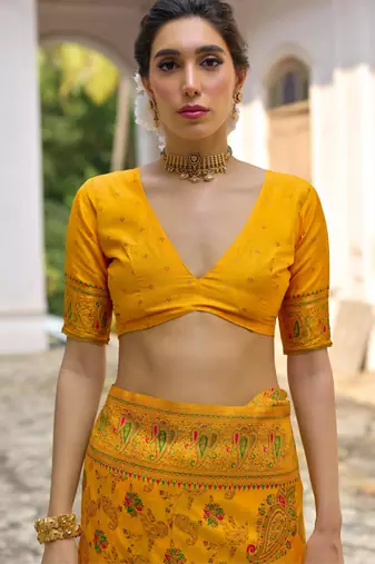Yellow soft pashmina silk meena zari woven saree with blouse