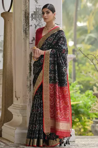 Black soft raw silk zari woven saree with blouse