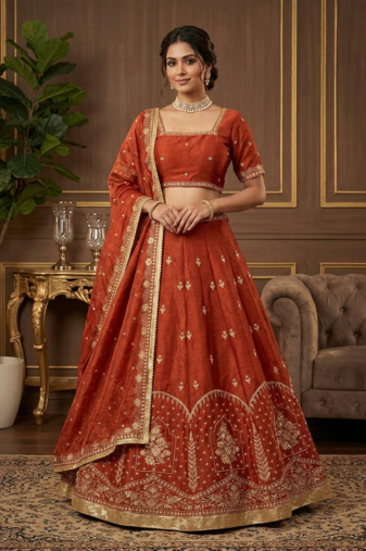 Rust Orange Embroidered Lehenga Choli Set with Krishma silk Dupatta