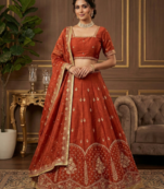 Rust Orange Embroidered Lehenga Choli Set with Krishma silk Dupatta