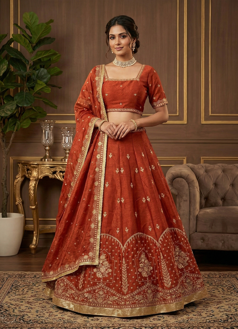 Rust Orange Embroidered Lehenga Choli Set with Krishma silk Dupatta