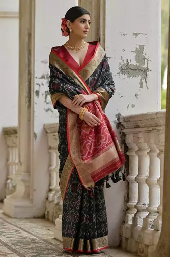 Black soft raw silk zari woven saree with blouse