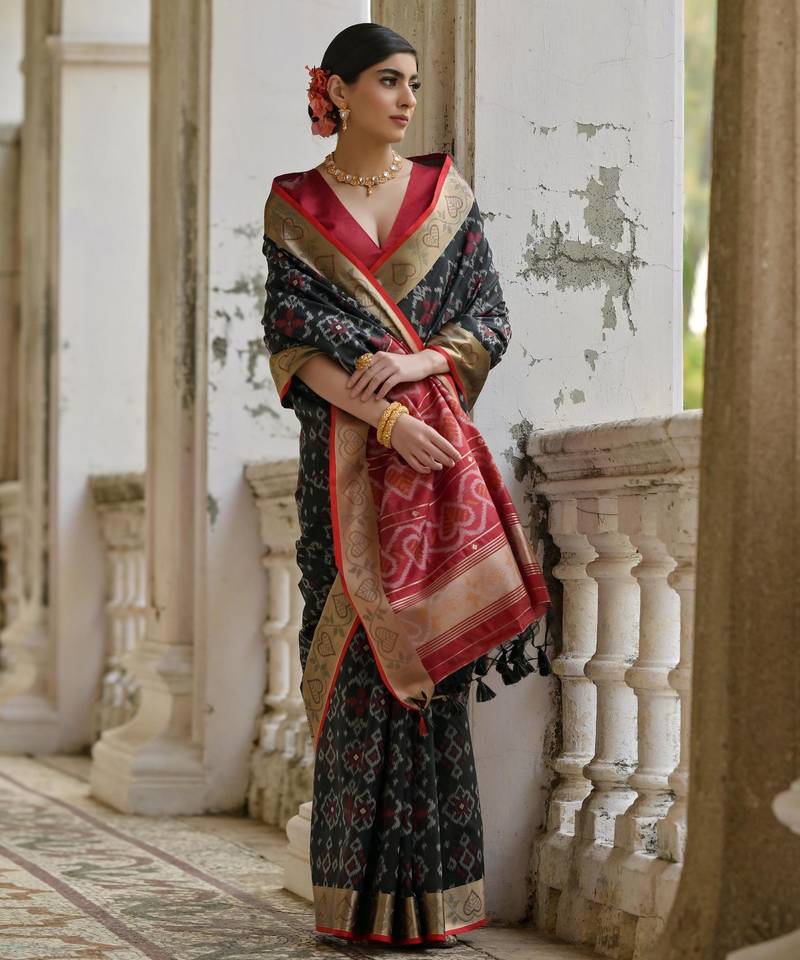 Black soft raw silk zari woven saree with blouse