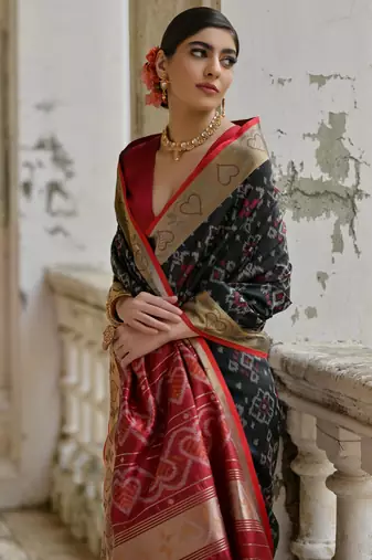 Black soft raw silk zari woven saree with blouse