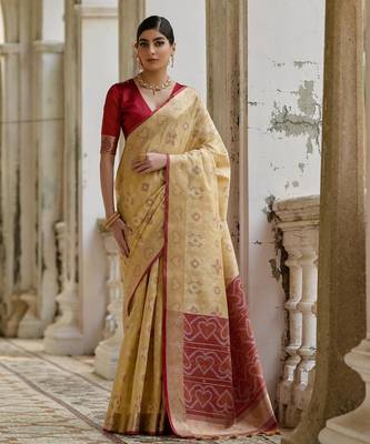 Cream soft raw silk zari woven saree with blouse 1
