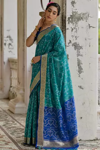 Firozi soft raw silk zari woven saree with blouse