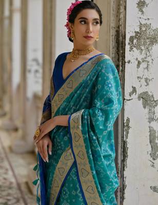 Firozi soft raw silk zari woven saree with blouse 4