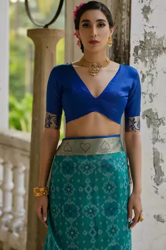 Firozi soft raw silk zari woven saree with blouse