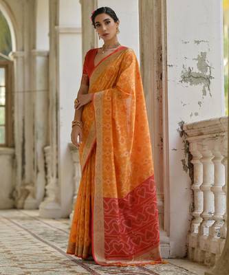 Orange soft raw silk zari woven saree with blouse 2