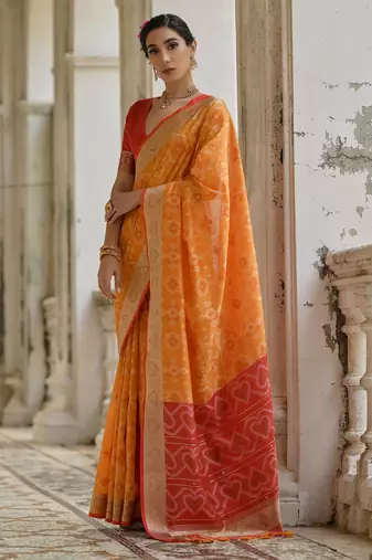 Orange soft raw silk zari woven saree with blouse