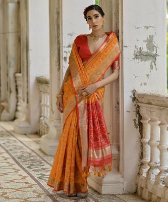 Orange soft raw silk zari woven saree with blouse 3