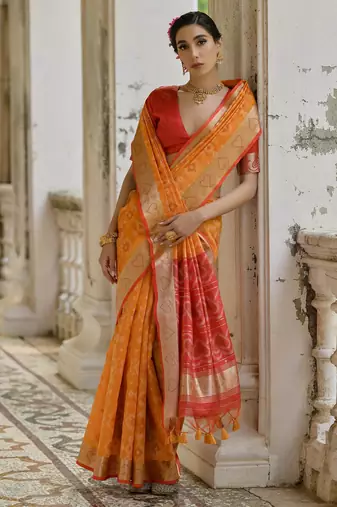 Orange soft raw silk zari woven saree with blouse