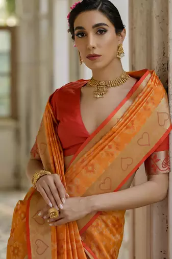 Orange soft raw silk zari woven saree with blouse