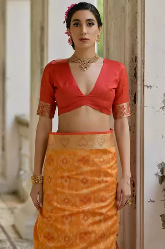 Orange soft raw silk zari woven saree with blouse