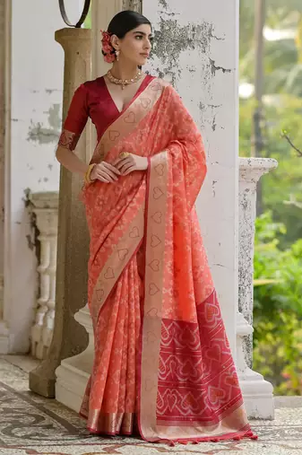 Coral soft raw silk zari woven saree with blouse
