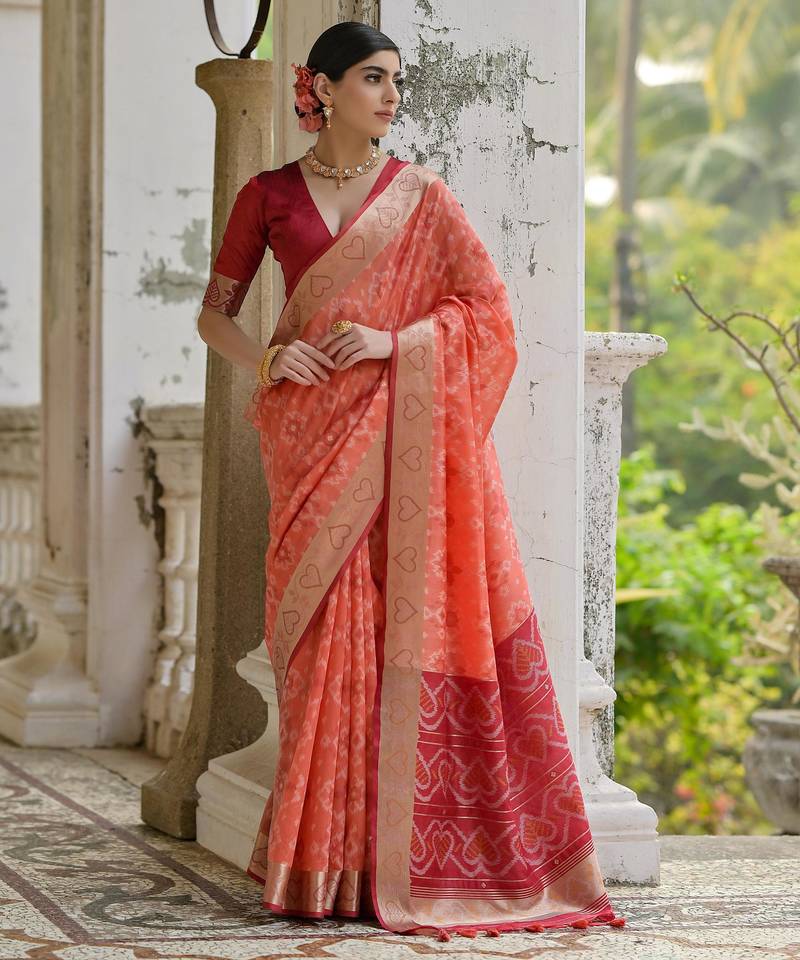 Coral soft raw silk zari woven saree with blouse