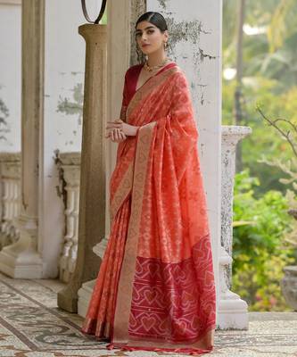 Coral soft raw silk zari woven saree with blouse 2