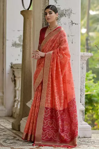 Coral soft raw silk zari woven saree with blouse