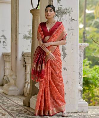 Coral soft raw silk zari woven saree with blouse 3