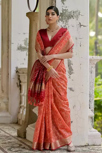 Coral soft raw silk zari woven saree with blouse