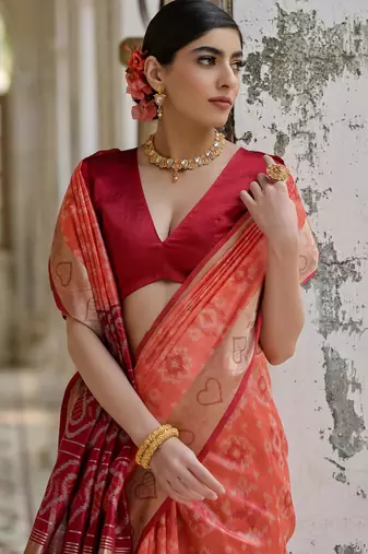 Coral soft raw silk zari woven saree with blouse