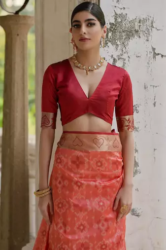 Coral soft raw silk zari woven saree with blouse