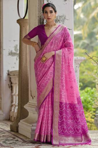 Pink soft raw silk zari woven saree with blouse
