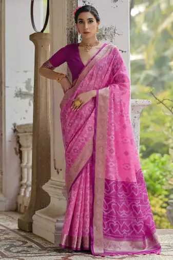 Pink soft raw silk zari woven saree with blouse