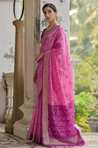 Pink soft raw silk zari woven saree with blouse
