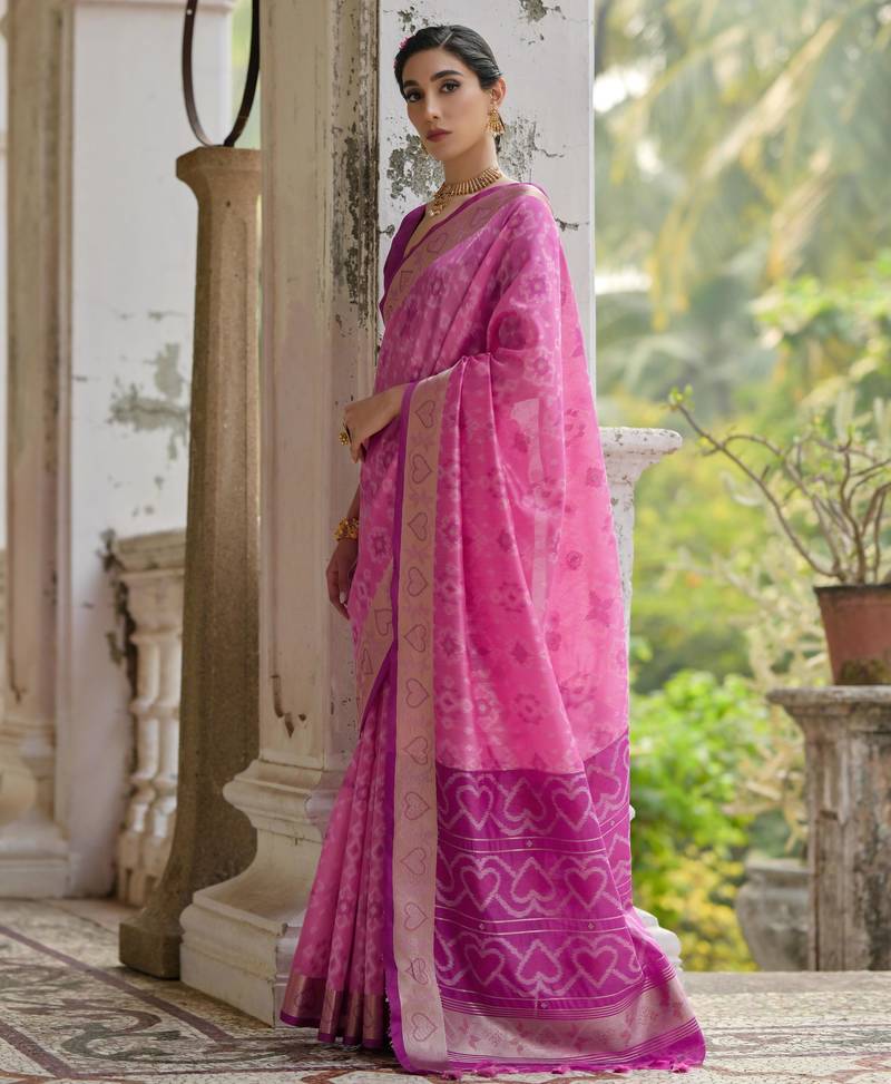 Pink soft raw silk zari woven saree with blouse