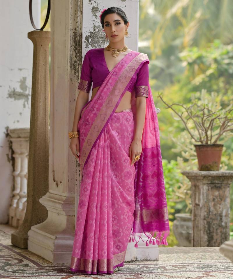Pink soft raw silk zari woven saree with blouse