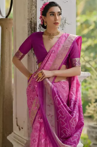 Pink soft raw silk zari woven saree with blouse