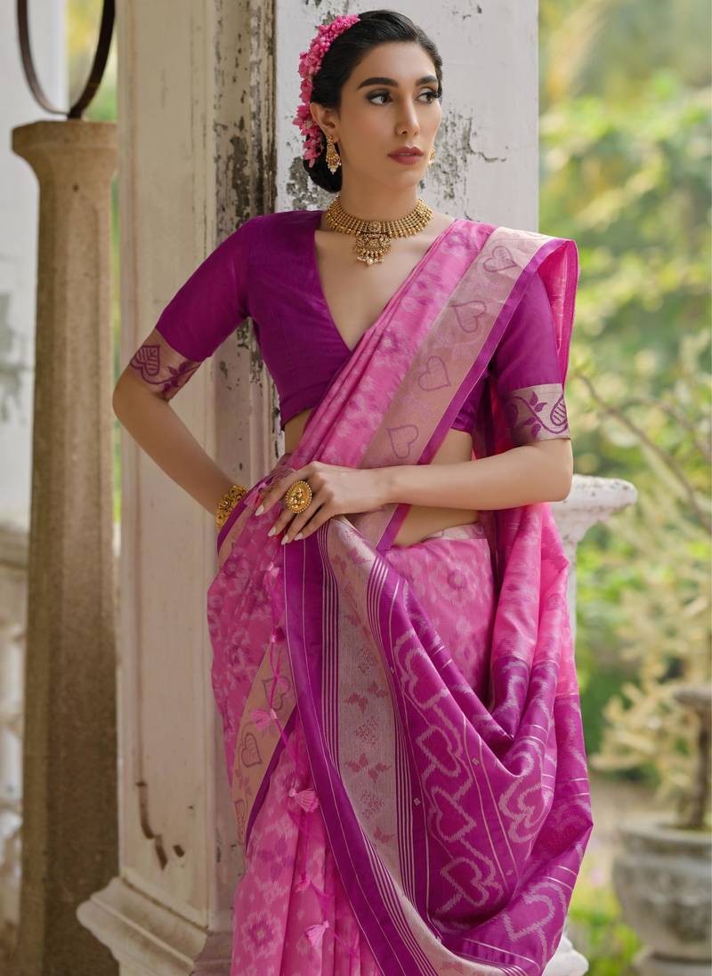 Pink soft raw silk zari woven saree with blouse