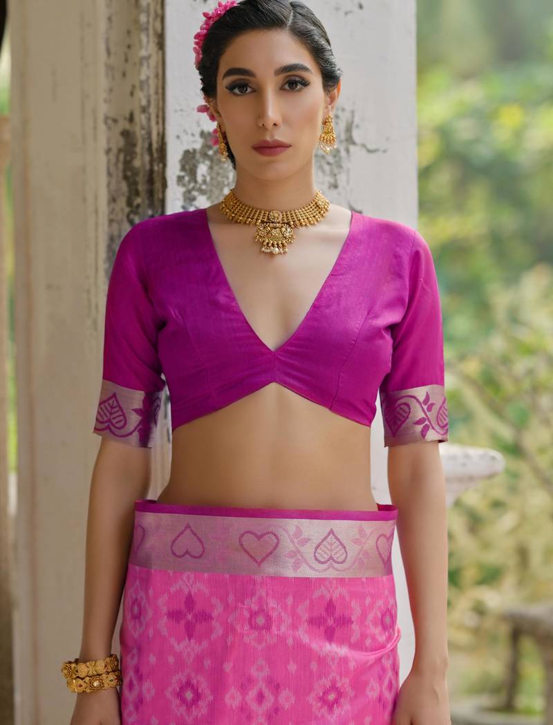 Pink soft raw silk zari woven saree with blouse