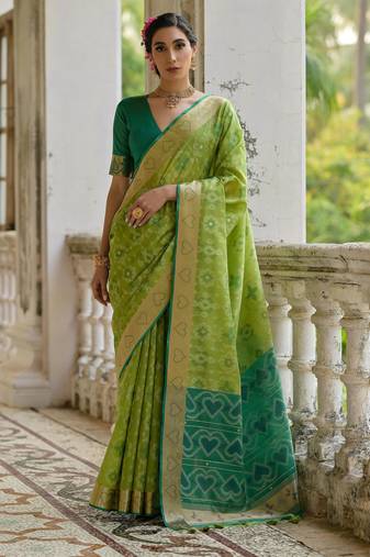 Green soft raw silk zari woven saree with blouse