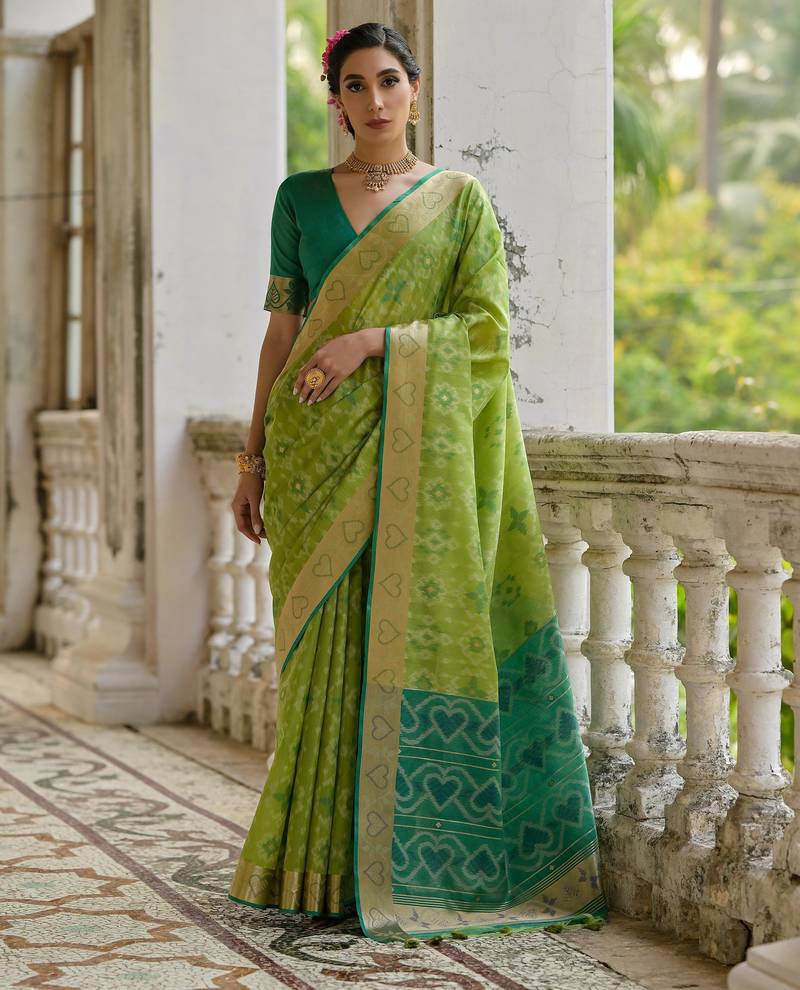 Green soft raw silk zari woven saree with blouse