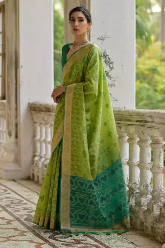 Green soft raw silk zari woven saree with blouse