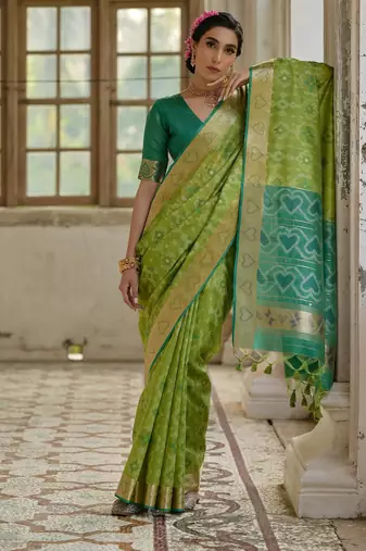 Green soft raw silk zari woven saree with blouse