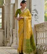 Yellow soft raw silk zari woven saree with blouse