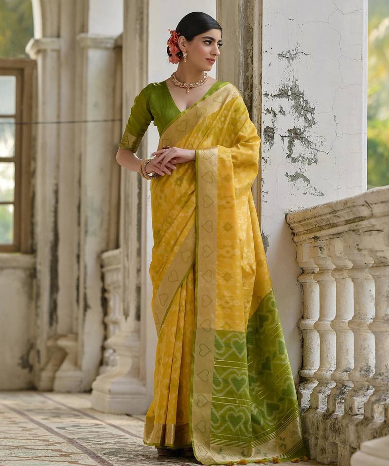 Yellow soft raw silk zari woven saree with blouse