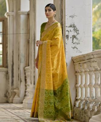 Yellow soft raw silk zari woven saree with blouse 2